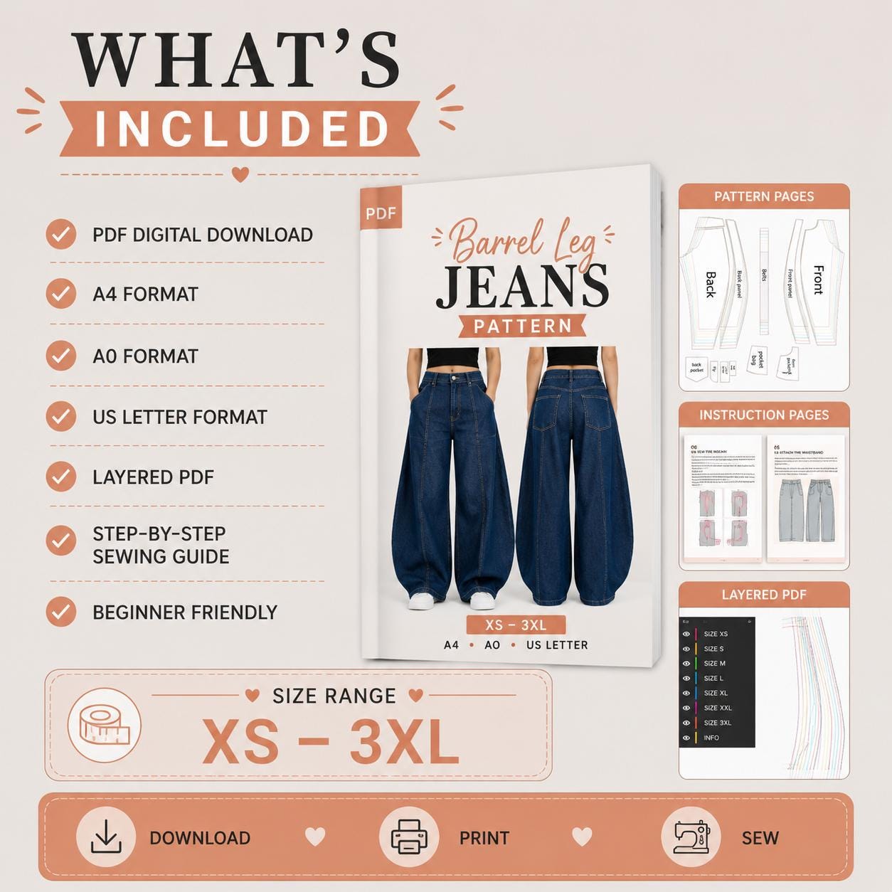 Women Barrel Leg Jeans Sewing Pattern PDF | High Waist Denim Pattern ...
