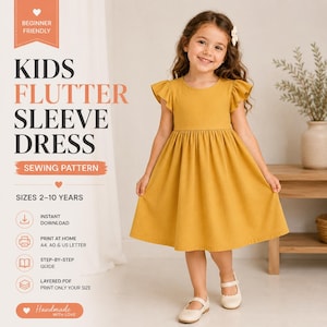 May include: A young girl wearing a mustard yellow flutter sleeve dress. The dress has a gathered waist and a flared skirt. The image includes text that reads "KIDS FLUTTER SLEEVE DRESS SEWING PATTERN" and "SIZES 2-10 YEARS". The dress is handmade.