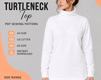 Könnte beinhalten: Ein weißes langärmeliges Rollkragenoberteil. Der Text lautet: TURTLENECK Top PDF SEWING PATTERN, A4 SIZE, US LETTER, A0 SIZE, INSTANT DOWNLOAD, SIZE RANGE XS TO 3XL. Das Kleidungsstück hat einen hohen umgeschlagenen Kragen und eine V-Naht.