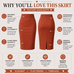 Digital sewing pattern bundle for women’s pencil skirt, layered PDF files included, A4 print at home, A0 copy shop and US Letter formats with sewing guide.
