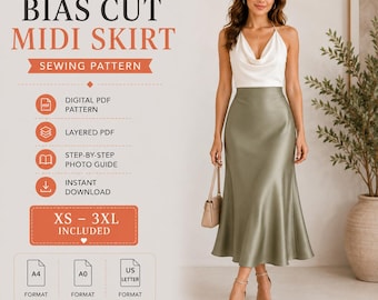 May include: A digital sewing pattern for a bias cut midi skirt, featuring text: BIAS CUT MIDI SKIRT, SEWING PATTERN, DIGITAL PDF PATTERN, LAYERED PDF, STEP-BY-STEP PHOTO GUIDE, INSTANT DOWNLOAD, XS-3XL INCLUDED, A4, A0, US LETTER FORMAT, SEW YOUR STYLE.