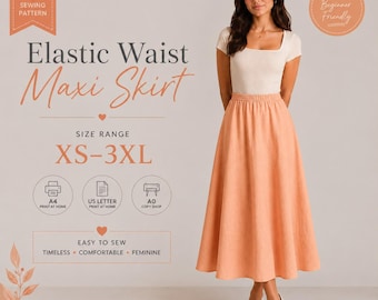 Elastic Waist Maxi Skirt PDF Sewing Pattern for Women | Easy Beginner Long Skirt Pattern | XS–3XL | Instant Download | A4 A0 US Letter