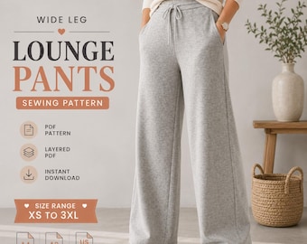 Könnte beinhalten: Schnittmuster für eine weit geschnittene Lounge-Hose mit dem Text: WIDE LEG LOUNGE PANTS SEWING PATTERN, PDF PATTERN, LAYERED PDF, INSTANT DOWNLOAD, SIZE RANGE XS TO 3XL, A4 FORMAT, A0 FORMAT, US LETTER FORMAT. Die Hose ist hellgrau mit Kordelzug.