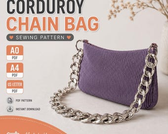 Könnte beinhalten: Eine violette Kordtasche mit einem dicken silberfarbenen Kettengriff. Das Bild enthält den Text: Sew Your Own CORDUROY CHAIN BAG SEWING PATTERN, A0 PDF, A4 PDF, US LETTER PDF, PDF PATTERN, INSTANT DOWNLOAD, Made by You Loved by You.