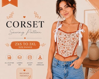 Könnte beinhalten: Ein digitales Schnittmuster für ein Korsett-Top aus beigem Stoff mit Blumenmuster in Orange- und Brauntönen. Das Korsett hat einen herzförmigen Ausschnitt, orangefarbene Kanten und weiße Schleifen an den Trägern. Text: CORSET Sewing Pattern.