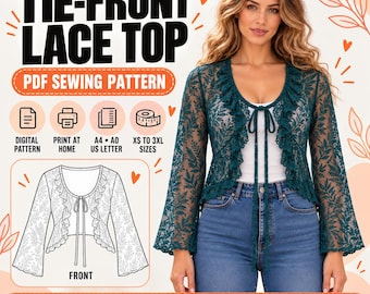 Schnittmuster für ein Top mit Bindeband vorne, Strickjacke mit Glockenärmeln und Rüschen (PDF), Größen XS–3XL