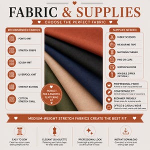 Women’s pencil skirt PDF sewing pattern fabric requirements guide, recommended fabrics for office skirt, business skirt and fitted skirt sewing projects.