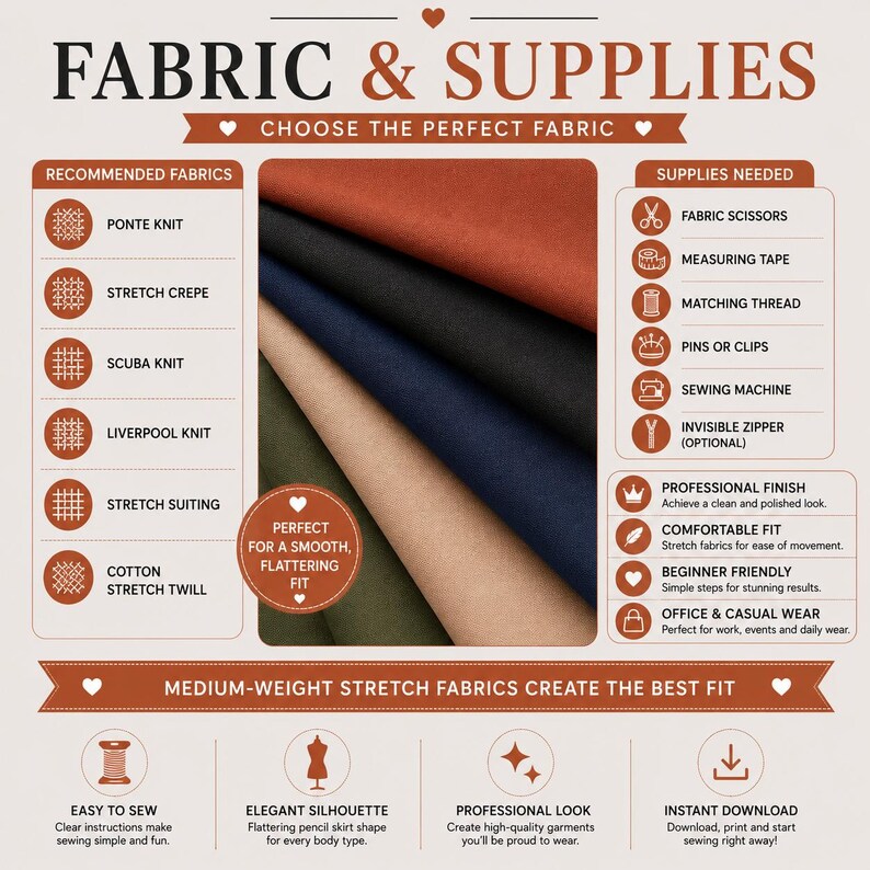 Women’s pencil skirt PDF sewing pattern fabric requirements guide, recommended fabrics for office skirt, business skirt and fitted skirt sewing projects.