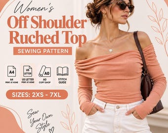 Könnte beinhalten: Schnittmuster für ein schulterfreies, gerafftes Oberteil mit Text wie Women's Off Shoulder Ruched Top, Sewing Pattern, A4, US Letter, A0, Stitch Guide, Sizes: 2XS - 7XL und Sew Your Own Style. Das Oberteil ist pfirsichfarben und langärmlig.