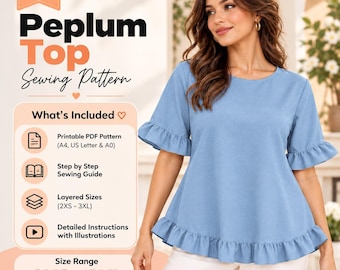 Könnte beinhalten: Ein hellblaues Schößchen-Oberteil mit kurzen Rüschenärmeln und einem Rüschensaum. Das Bild enthält den Text: PDF Digital Pattern, Peplum Top Sewing Pattern, What's Included, Printable PDF Pattern, Step by Step Sewing Guide, 2XS-3XL.