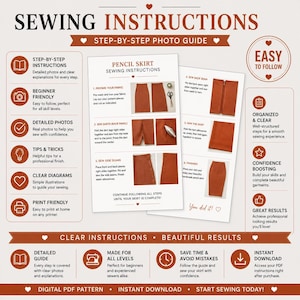 Beginner friendly pencil skirt sewing pattern with step by step instructions, printable PDF pattern for women, easy to follow digital sewing tutorial.