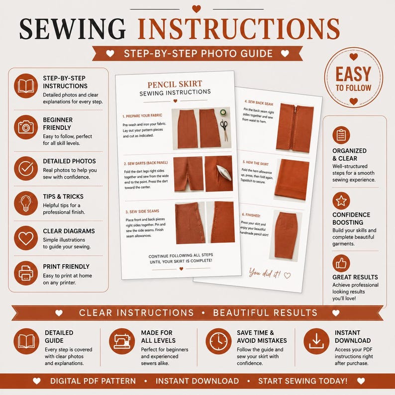 Beginner friendly pencil skirt sewing pattern with step by step instructions, printable PDF pattern for women, easy to follow digital sewing tutorial.