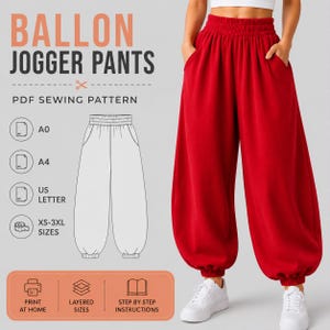 May include: A PDF sewing pattern for balloon jogger pants featuring text that reads BALLON JOGGER PANTS, PDF SEWING PATTERN, A0, A4, US LETTER, XS-3XL SIZES, PRINT AT HOME, LAYERED SIZES, and STEP BY STEP INSTRUCTIONS with a line drawing of pants.