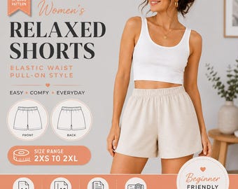 Könnte beinhalten: Ein digitales Schnittmuster für eine lockere Shorts mit elastischem Bund zum Hineinschlüpfen. Das Dokument enthält die Größen 2XS bis 2XL, A4, A0, US-Letter-Formate und eine Projektordatei. Das Design ist anfängerfreundlich mit Vorder- und Rückansicht.