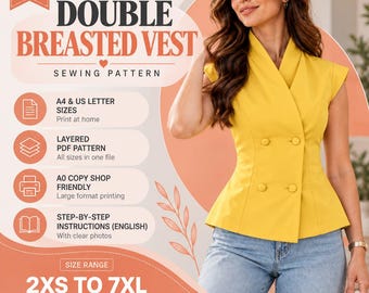 Könnte beinhalten: Ein digitales Schnittmuster für eine gelbe, zweireihige Weste mit Schalkragen und vier Knöpfen. Die Grafik enthält den Text: Double Breasted Vest, PDF Sewing Pattern, A4 & US Letter sizes, Layered PDF, A0 Copy Shop und 2XS bis 7XL.