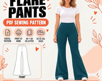 Flare Pants Sewing Pattern PDF, High Waisted Pants Pattern, Womens Flared Trousers, Bell Bottom Pattern, XS–3XL, A4 A0 US Letter