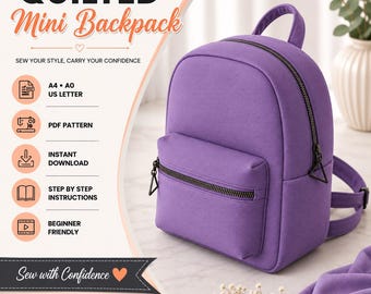 Könnte beinhalten: Ein violetter, gesteppter Mini-Rucksack mit Tragegriff, verstellbaren Schultergurten und einer Reißverschlusstasche vorne. Das Bild enthält den Text: QUILTED Mini Backpack, SEW YOUR STYLE, CARRY YOUR CONFIDENCE, A4, A0, US LETTER, PDF PATTERN, INSTANT DOWNLOAD, STEP BY STEP INSTRUCTIONS, BEGINNER FRIENDLY, Sew with Confidence, DIGITAL SEWING PATTERN.
