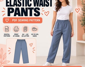 Könnte beinhalten: Ein digitales PDF-Schnittmuster für eine Hose mit elastischem Bund, mit dem Text ELASTIC WAIST PANTS, PDF SEWING PATTERN, DIGITAL PATTERN, PRINT AT HOME, A4, A0, US LETTER und XS TO 3XL SIZES. Enthält eine technische Zeichnung einer blauen Hose.