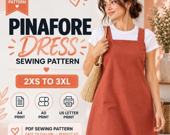 Könnte beinhalten: Ein PDF-Schnittmuster für ein Trägerkleid in den Größen 2XS bis 3XL. Das Bild enthält Text wie PDF PATTERN, PINAFORE DRESS SEWING PATTERN, 2XS TO 3XL, A4 PRINT, A0 PRINT, US LETTER PRINT und PDF SEWING PATTERN EASY TO FOLLOW.