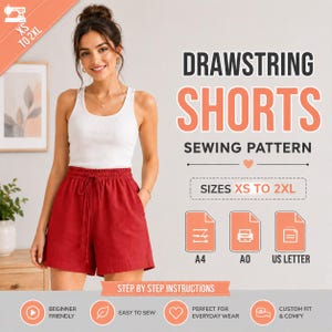 Women's Drawstring Shorts Sewing Pattern PDF | Elastic Waist Shorts PDF Pattern | Digital Download | A4 A0 US letter | Shorts Sewing Pattern