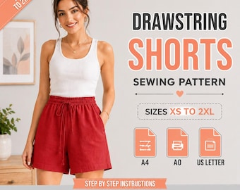 Schnittmuster für Shorts mit Kordelzug (PDF), elastischer Bund und Taschen, Größen XS–2XL