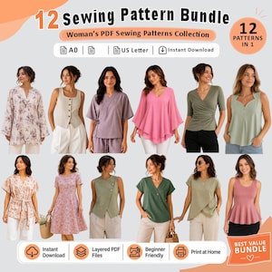 Peut inclure: Un ensemble numérique de 12 patrons de couture présentant divers hauts et robes. L'image montre 12 vêtements différents, dont des chemisiers à fleurs, des hauts cache-cœur, des gilets et des robes. Le texte inclut 12 Sewing Pattern Bundle, Woman's PDF Sewing Patterns Collection, A0, US Letter, Instant Download, 12 Patterns in 1, Instant Download, Layered PDF Files, Beginner Friendly, Print at Home et Best Value Bundle.