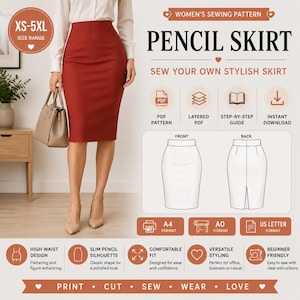 Può includere: Un cartamodello per una gonna a tubino a vita alta di colore rosso scuro. La grafica include il testo Pencil Skirt, un intervallo di taglie XS-5XL e dettagli per PDF, PDF a livelli, guida passo dopo passo e download istantaneo in formato A4 e A0.