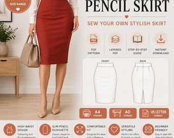 Könnte beinhalten: Ein Schnittmuster für einen hoch taillierten Bleistiftrock in Dunkelrot. Die Grafik enthält den Text Pencil Skirt, einen Größenbereich von XS-5XL sowie Angaben zu PDF, Ebenen-PDF, Schritt-für-Schritt-Anleitung und Sofort-Download in A4 und A0.