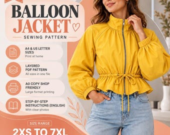 Könnte beinhalten: Eine senfgelbe Jacke mit hohem Kragen, langen Ballonärmeln und einer durch einen Kordelzug gerafften Taille. Die Jacke ist in einer PDF-Schnittmusterwerbung mit Texten wie Balloon Jacket und 2XS bis 7XL abgebildet.