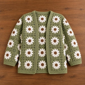 Patrón de ganchillo en PDF para cárdigan cuadrado estilo bohemio con diseño de margaritas y flores. Guía tutorial.