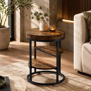 Modern Rustic Round Side Table with Storage | Industrial End Table | Sofa Side Table | Small Space Accent Furniture