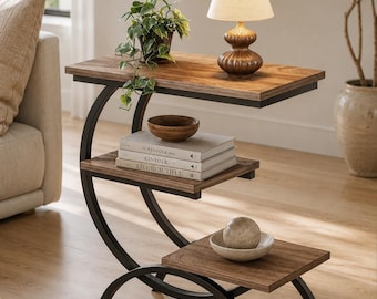 Modern Narrow End Table with Storage Shelves - Table for Small Spaces - Rustic Wood & Metal Side Table