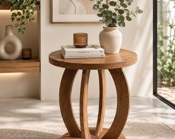Modern Round Side Table, Wooden Accent Table, Sculptural End Table, Rustic Living Room Furniture, Bedside Table Decor