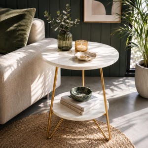 Luxury Marble & Gold Side Table, Round 2-Tier End Table, Modern Nightstand, Elegant Living Room Accent Table, Small Space Furniture