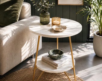 Luxury Marble & Gold Side Table, Round 2-Tier End Table, Modern Nightstand, Elegant Living Room Accent Table, Small Space Furniture