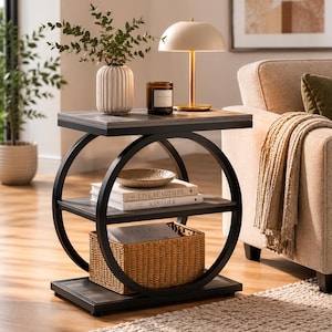 Moderner Beistelltisch, runder Beistelltisch, zweistöckiger Akzenttisch, schwarzer Metalltisch fürs Wohnzimmer, minimalistischer Nachttisch, Dekoration für kleine Räume