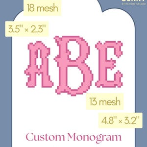 May include: A custom monogram needlepoint chart featuring the letters ABE in pink pixelated font. The chart includes measurements of 3.5" x 2.3" and 4.8" x 3.2", with 18 and 13 mesh counts, respectively. The Sunny Stitchery Studio logo is in the upper right corner.
