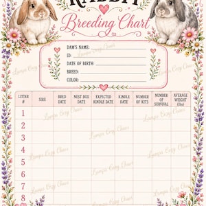 May include: A Rabbit Breeding Chart featuring two illustrated lop-eared rabbits, pink floral borders, and a grid for tracking litter number, sire, dates, number of kits, survival, and average weight in lbs. The text reads Rabbit Breeding Chart.