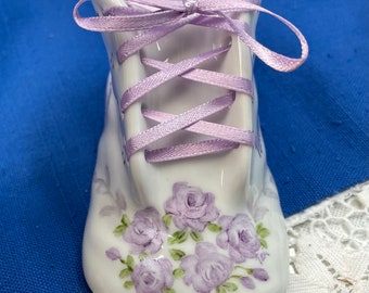 Baby shoe with purple  Roses on porcelain personalized/ hand painted baby bootie