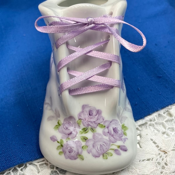 Baby shoe with purple  Roses on porcelain personalized/ hand painted baby bootie