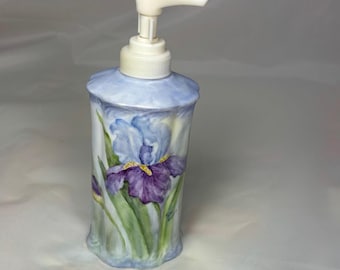 Iris hand painted on porcelain soap/lotion dispenser