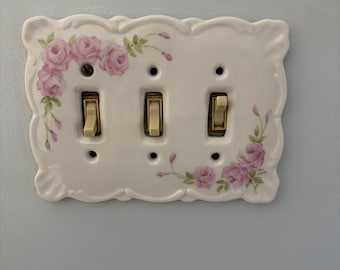 Hand Painted Baby Pink Roses on a porcelain Triple Switchplate Cover