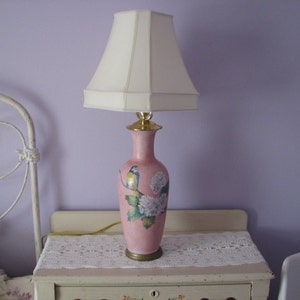 Hand Painted Porcelain Lamp with relief bird and Hydrangea flowers image 1