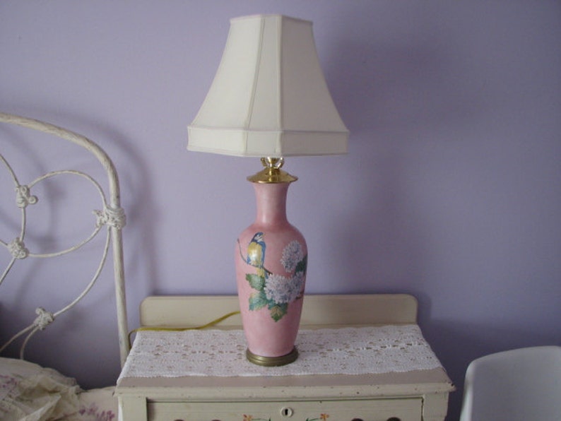 Hand Painted Porcelain Lamp with relief bird and Hydrangea flowers image 1