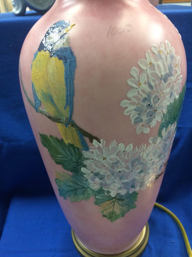 Hand Painted Porcelain Lamp with relief bird and Hydrangea flowers image 6