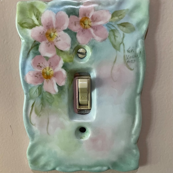 Pink Wild Roses hand painted on a porcelain Single Switchplate