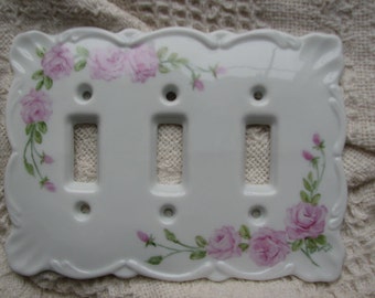 Hand Painted Baby Pink Roses on a porcelain Triple Switchplate Cover