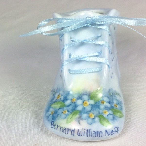 Baby Shoe, blue, hand painted forget-me-nots/ baby bootie