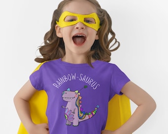 Toddler Tee | Hand-Drawn Purple Dinosaur, Rainbow Horn, Party Spikes