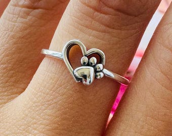 Sterling Silver Paw Heart Ring – Dainty, Simple Pet Lover Jewelry